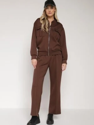 Brązowy Bawełniany Komplet Dresowy Bluza na Suwak i Spodnie Tevrisa