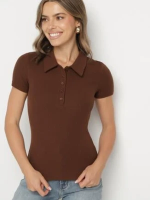 Brązowy Bawełniany T-shirt Prążkowany Typu Polo z Guzikami Avelavia elsa.m by may