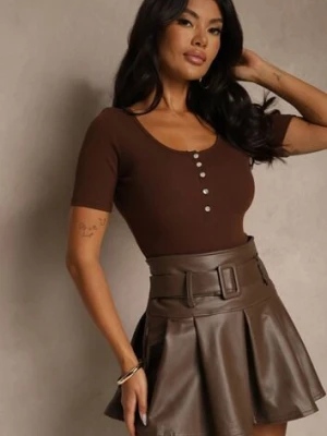 Brązowy Bawełniany T-shirt Prążkowany z Guzikami Florvivi elsa.m by may