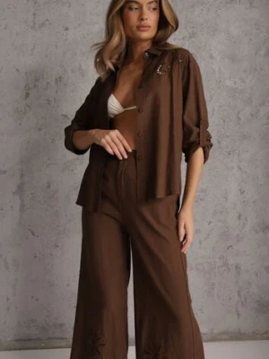 Brązowy Boho Komplet z Bawełną Koszula i Spodnie z Ażurowymi Zdobieniami Runesa j&x