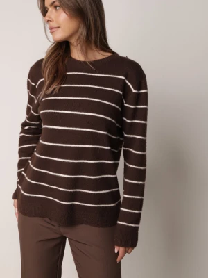Brązowy Casualowy Sweter z Wełną i Bawełną o Prostym Kroju w Paski Nobosa J&x