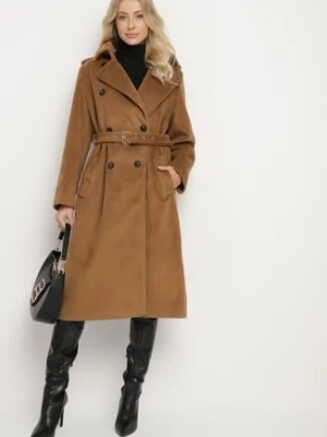 Brązowy Długi Dwurzędowy Płaszcz z Paskiem Senoriel j.style