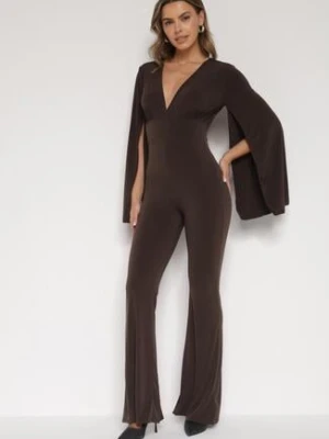 Brązowy Długi Kombinezon z Szerokimi Rękawami i Odkrytymi Plecami Dasima