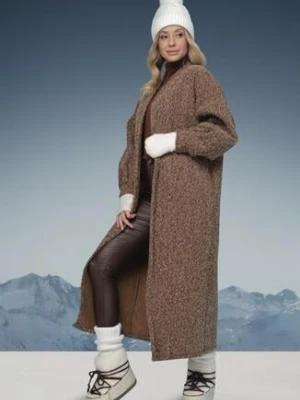 Brązowy Długi Niezapinany Kardigan z Szerokimi Rękawami Wsuwanymi Kieszeniami Tifirina