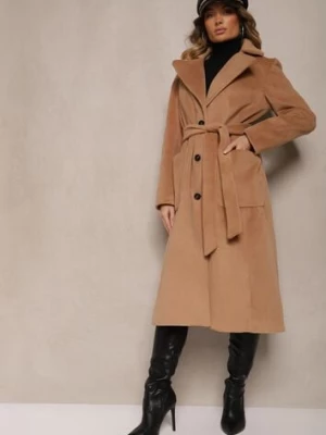 Beżowy Długi Płaszcz Jednorzędowy z Paskiem w Talii Zeneti jstyle