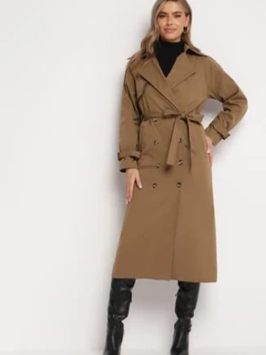 Brązowy Długi Płaszcz Trencz Dwurzędowy z Paskiem w Talii Cadenite retro & icone