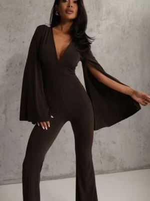 Brązowy Dopasowany Kombinezon z Rozkloszowanymi Rękawami i Głębokim Dekoltem Andrika