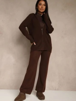 Brązowy Dzianinowy Komplet Dresowy z Wełną Bluza z Kapturem i Spodnie Essana j&x