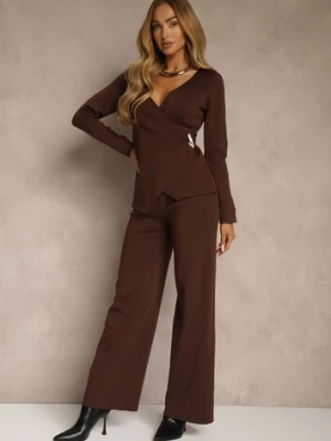 Brązowy Dzianinowy Komplet Szerokie Spodnie z Wiskozą i Kopertowy Sweter Enssa