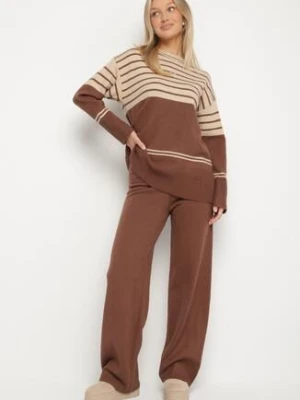Brązowy Dzianinowy Komplet z Wełną Sweter w Paski i Spodnie Raleina j&x
