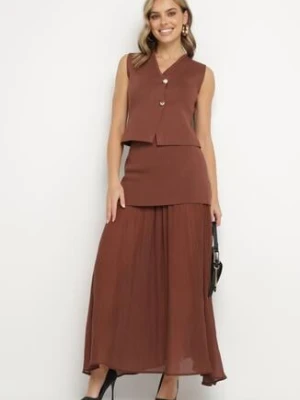 Brązowy Dzianinowy Komplet z Wiskozą Kamizelka na Guziki i Rozkloszowana Spódnica Felinelle rosa