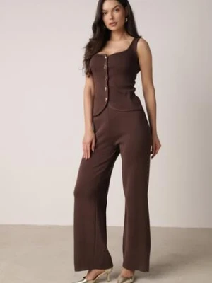 Brązowy Dzianinowy Komplet z Wiskozą Spodnie i Bluzka na Ramiączkach Merissani yu & me