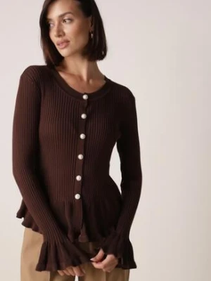 Brązowy Elegancki Kardigan z Wiskozy z Falbankami i Guzikami z Cyrkoniami Orsea