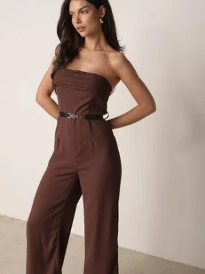 Brązowy Elegancki Kombinezon VICES Bez Rękawów z Falbankami i Paskiem Apethia