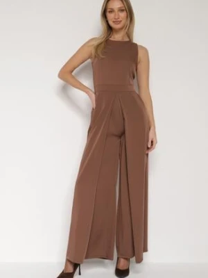 Brązowy Elegancki Kombinezon z Ozdobnymi Zakładkami Zellysha