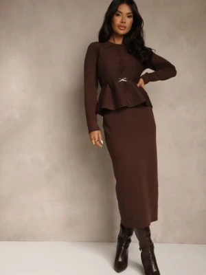 Brązowy Elegancki Komplet Garniturowy z Wiskozą Taliowana Marynarka i Spódnica Zaite elsa.m by may