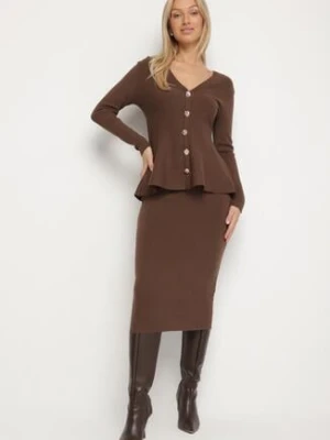 Brązowy Elegancki Komplet z Dzianiny z Wiskozą Kardigan i Spódnica Uneva unigirl