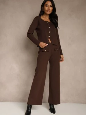 Brązowy Elegancki Komplet z Dzianiny z Wiskozą Kardigan i Spodnie Delinavea