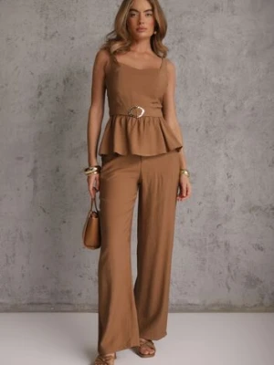 Brązowy Elegancki Komplet z Wiskozą i Lnem Top z Baskinką i Szerokie Spodnie Dapera unigirl