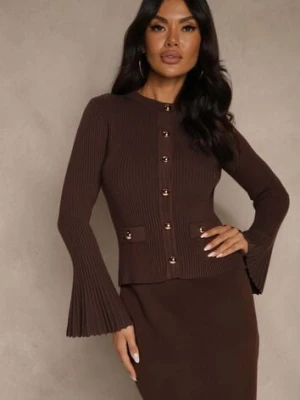 Brązowy Elegancki Prążkowany Kardigan z Wiskozą Guzikami i Rozszerzanymi Rękawami Otila