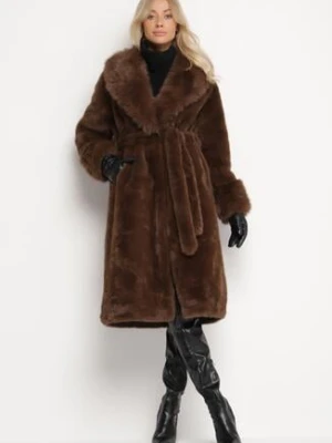 Brązowy Futerkowy Płaszcz z Szerokim Kołnierzem i Mankietami z Wiązanym Paskiem Viaruna yu & me
