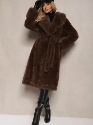 Brązowy Futrzany Płaszcz z Wiązanym Paskiem Ozdobnym Kołnierzem i Mankietami Viaressa yu & me