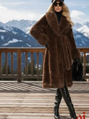 Brązowy Futrzany Płaszcz z Wiązanym Paskiem Ozdobnym Kołnierzem i Mankietami Viaressa yu & me