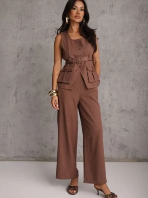 Brązowy Garniturowy Komplet z Bawełną Spodnie Wide Leg i Kamizelka Utility Aloane j&x