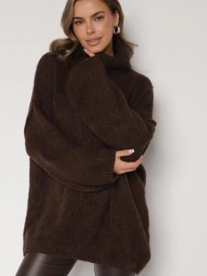 Brązowy Gładki Golf Oversize z Domieszką Wełny i Wiskozy Nerafera