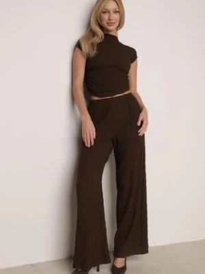 Brązowy Gładki Komplet Szerokie Spodnie i Marszczona Bluzka ze Stójką Merithie