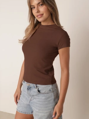 Brązowy Gładki T-shirt z Wiskozy ze Stójką w Minimalistycznym Stylu Deleus Rosse Line