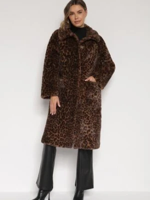 Brązowy Jednorzędowy Płaszcz Futerko w Panterkę Otivana ann gissy