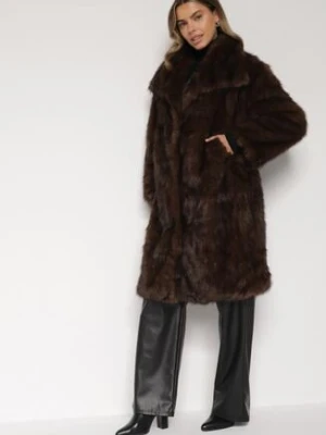 Brązowy Jednorzędowy Płaszcz Futro z Szerokim Kołnierzem Wedinalia