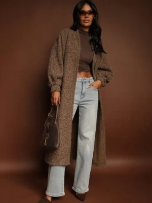 Brązowy Kardigan Niezapinany o Długim Kroju Ozdobiony Szerokimi Rękawami Tifilina