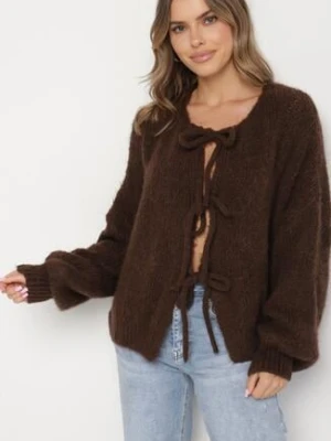 Brązowy Kardigan Oversize z Wełną Zdobiony Kokardkami Eleathalie jumelle