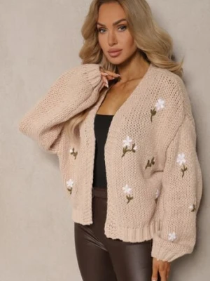 Brązowy Kardigan w Kwiatowe Aplikacje z Zapięciem na Elegancką Agrafkę Patista acajo