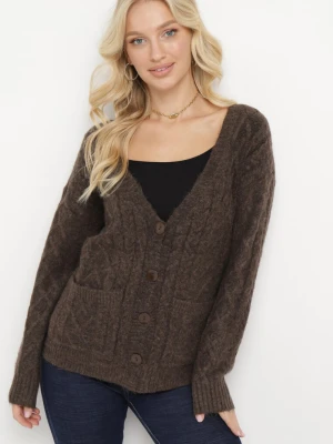 Brązowy Kardigan z Dekoltem w Serek w Warkoczykowy Splot Mallak Wool Fashion