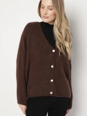 Brązowy Kardigan z Dekoltem w Serek z Dzianiny z Wełną i Moherem Lismio jumelle