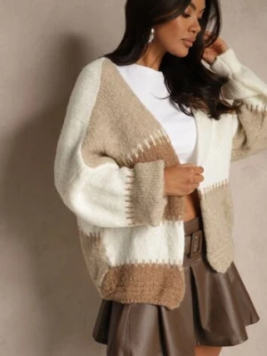 Brązowy Kardigan z Domieszką Wełny i Wiskozy w Patchworkowym Stylu Fesolinne jumelle