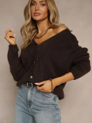 Brązowy Kardigan z Wełną i Moherem o Klasycznym Kroju z Dekoltem w Serek Avelmio jumelle