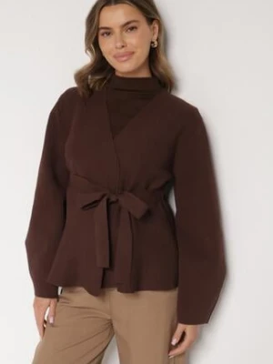 Brązowy Kardigan z Wiskozą i Wiązaniem w Pasie Tusvela