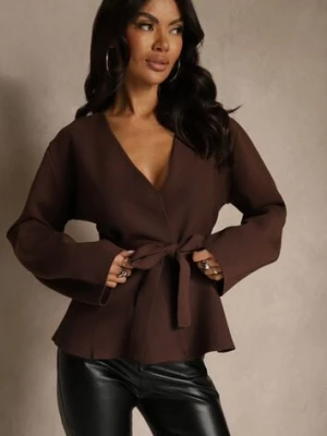 Brązowy Kardigan z Wiskozą Ozdobiony w Pasie Wiązaniem Tusllima