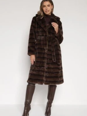 Brązowy Klasyczny Płaszcz Futerko z Wiązanym Paskiem Aranelle melya by melody