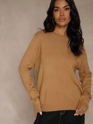 Brązowy Klasyczny Sweter z Wełną i Bawełną Bez Zdobień Neandia