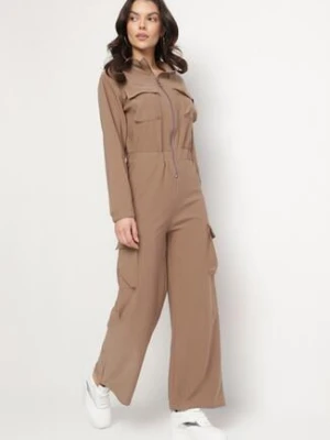 Brązowy Kombinezon Utility z Szerokimi Nogawkami o Taliowanym Kroju Liarose defox