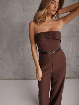 Brązowy Kombinezon VICES Bandeau z Falbankami i Paskiem w Eleganckim Stylu Pinoia