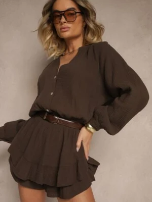 Brązowy Kombinezon z Bawełny ze Spódnico-Spodenkami i Guzikami oraz Gumką w Talii Vimatthea jumelle