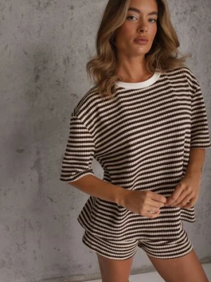 Brązowy Komplet Casualowy z Bawełny Oversize T-shirt i Szorty w Paski Stylizowany na Szydełkowany Pherra Jumelle