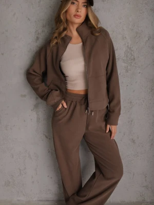 Brązowy Komplet Dresowy Spodnie Wide Leg i Bluza na Suwak ze Stójką Milia Swest
