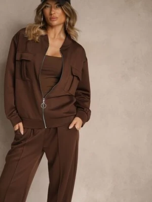 Brązowy Komplet Dresowy z Bawełny Zasuwana Bluza i Spodnie Teviora new collection